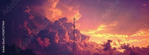 Fototapeta telecommunications tower at sunset, vibrant sky with purple and orange hues, silhouetted structure, technology and connectivity theme, dramatic clouds enhance the scene