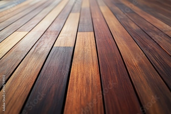 Fototapeta Modern Ipe Decking with Elegant Wooden Patio in Tropical Setting, Low Angle Perspective