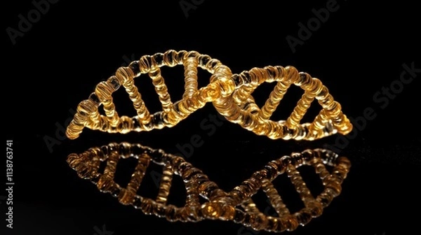 Fototapeta Gold DNA structure with reflection on a dark surface.