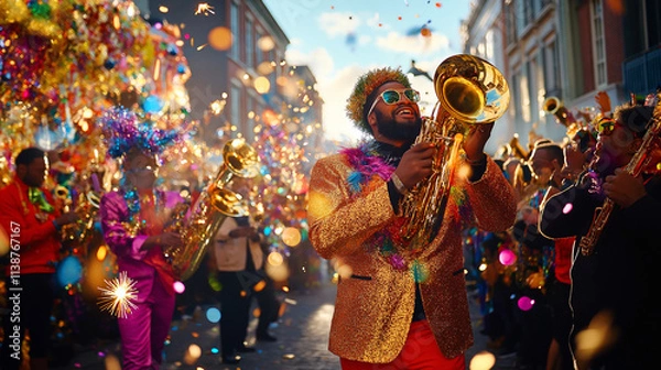 Fototapeta A lively Mardi Gras parade winding through historic streets, adorned with majestic floats, ornate masks, and a cacophony of brass instruments