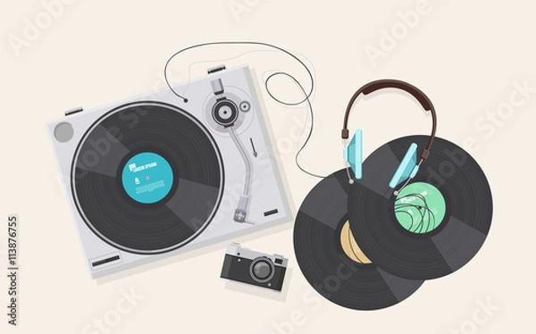 Fototapeta Flat illustration,Top view of retro vinyl player, turntable with headphones with retro camera.

