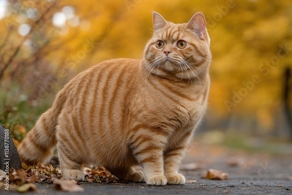 Fototapeta Plump Orange Tabby Cat Lounging in Colorful Autumn Landscape