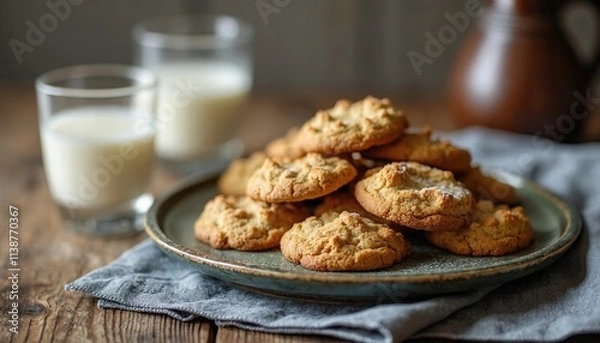 Fototapeta A Plate Of Freshly Baked Cookies Cooling On A Wooden Counter With A Glass Of Milk