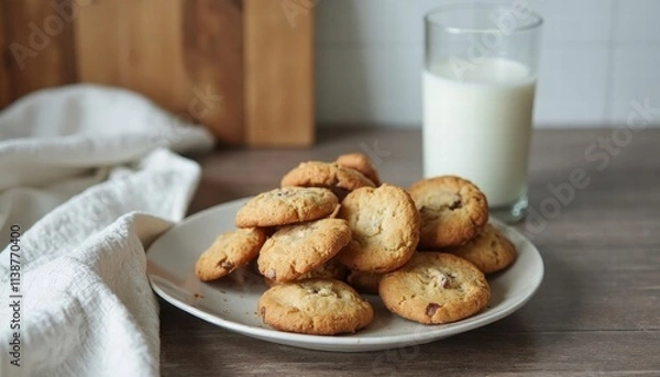 Fototapeta A Plate Of Freshly Baked Cookies Cooling On A Wooden Counter With A Glass Of Milk