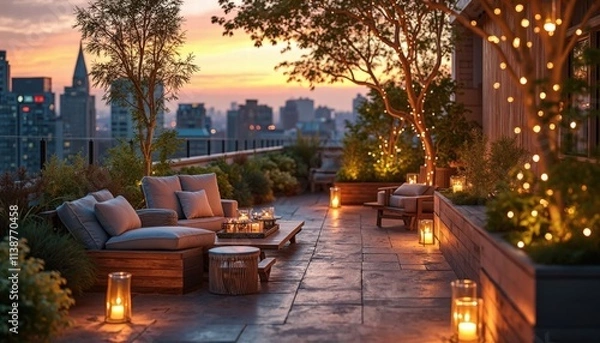Fototapeta A Scenic Sunset View Captured From A Rooftop Garden With Fairy Lights