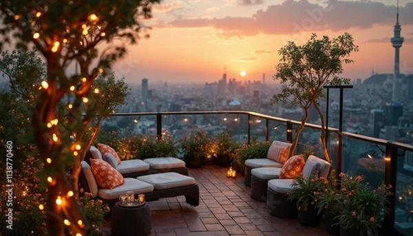 Fototapeta A Scenic Sunset View Captured From A Rooftop Garden With Fairy Lights
