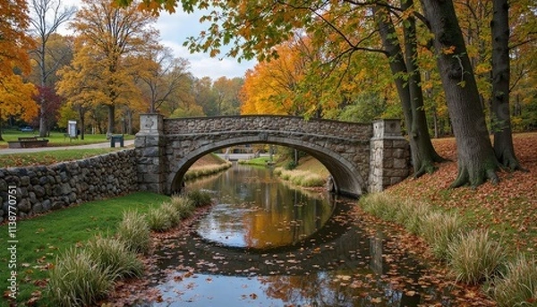 Fototapeta A Historic Stone Bridge Spanning Over A Gentle River With Autumn Trees Nearby