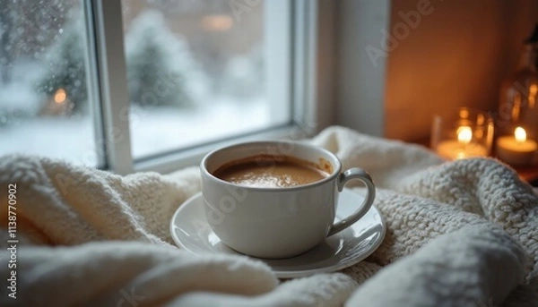 Fototapeta A Cozy Morning Routine With A Cup Of Coffee And A Warm Blanket By The Window