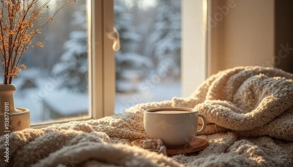 Fototapeta A Cozy Morning Routine With A Cup Of Coffee And A Warm Blanket By The Window