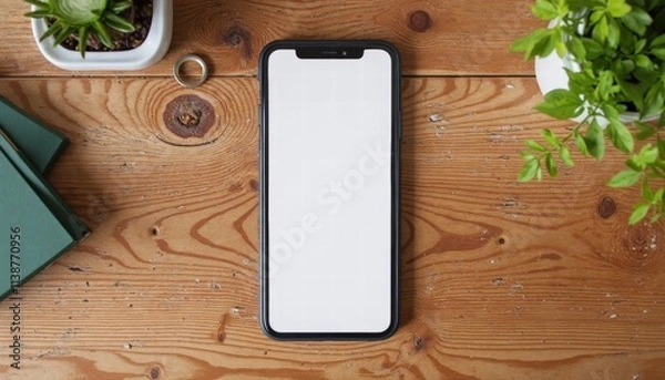 Fototapeta A Smartphone Mockup Displaying A Minimalist App Design On A Wooden Table