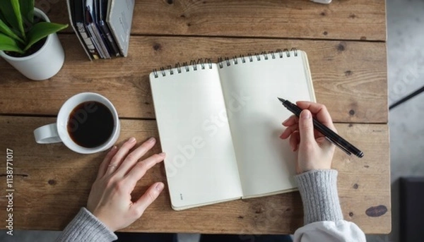 Fototapeta A Person Journaling In A Stylish Notebook With A Fountain Pen At A Wooden Desk