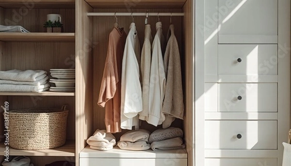 Fototapeta  A Minimalist Wardrobe With Neatly Folded Clothes And Accessories