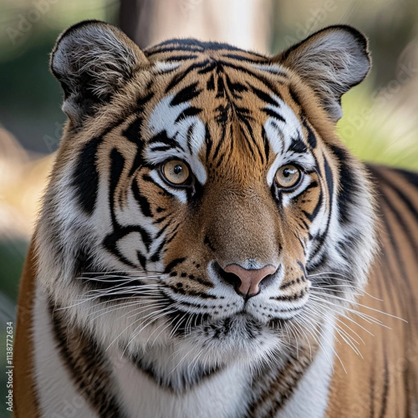 Fototapeta Majestic tiger gazes at the surroundings in a serene natural habitat during daylight hours