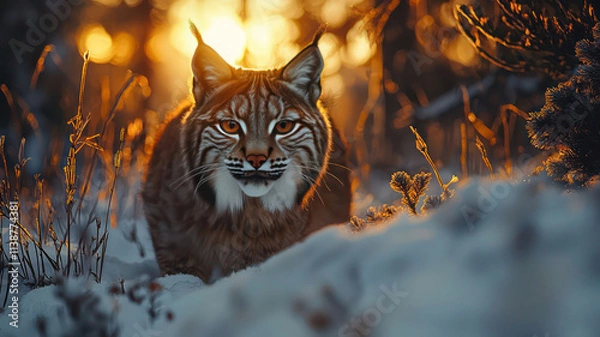 Fototapeta "A lynx prowls the snowy mountainside at sunset, its fur glowing in the golden light. The sky above is a soft blend of oranges, pinks, and purples, and the landscape around the lynx is serene and peac