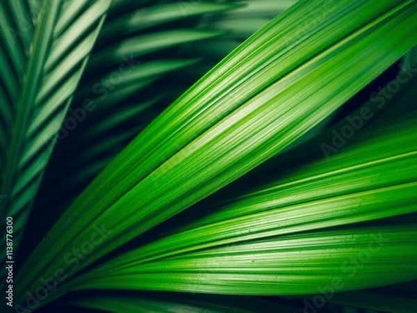 Fototapeta Close-up of the intricate texture of a vibrant green palm leaf, tropical, exotic