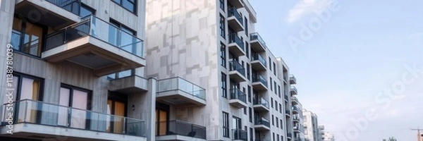 Fototapeta Modern apartment building with sleek, minimalist design and floor plans on a blueprint, cityscape, urban