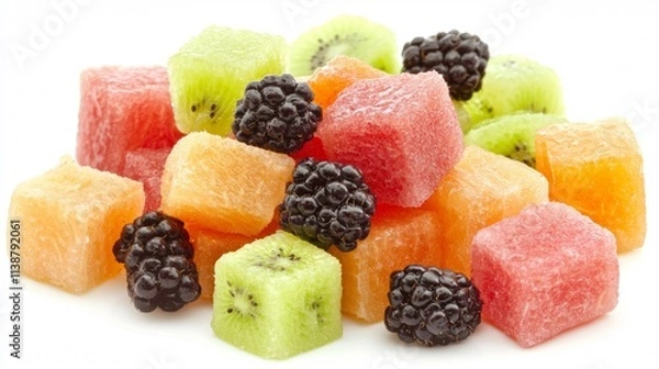 Fototapeta Colorful assortment of diced fruits includes watermelon, kiwi, and blackberries arranged attractively