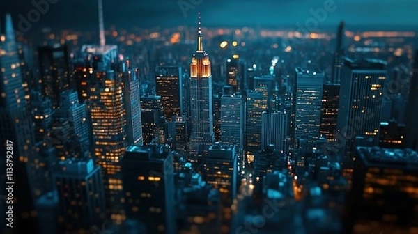 Obraz Cityscape at night with illuminated skyscrapers, tilt shift effect.