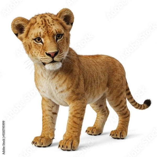 Fototapeta A realistic 3D rendering of a baby lion looking at the camera on a white background