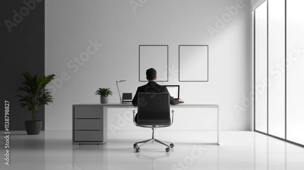 Fototapeta Modern Office Workspace  Businessman Working at Desk  Laptop  Minimalist Design