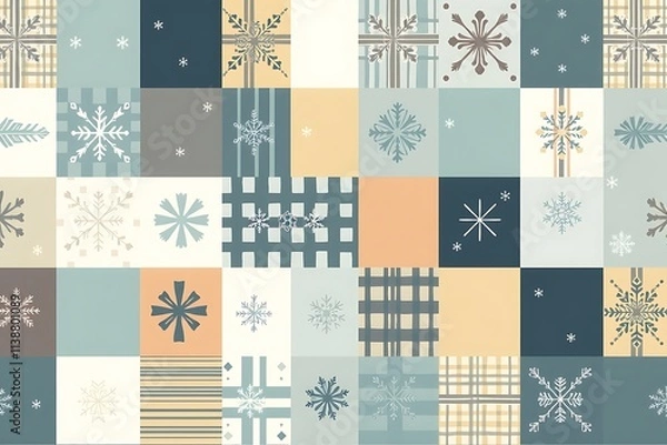 Fototapeta Winter Wonderland Patchwork: A charming seamless pattern featuring a patchwork of squares adorned with snowflakes and festive patterns in calming winter hues. Perfect for winter holidays.