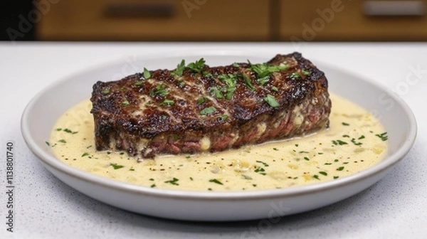 Obraz A grilled steak rests on a bed of creamy sauce, topped with fresh herbs, presented on a stylish plate in a contemporary kitchen, capturing a moment of culinary delight