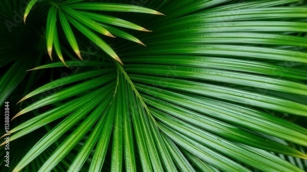 Fototapeta Close up of vibrant green palm leaf texture, showcasing natural tropical beauty, exotic, close up