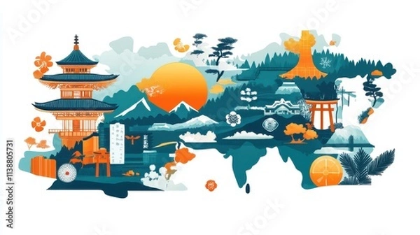 Obraz Japan Map with Prefectures and Travel Icons