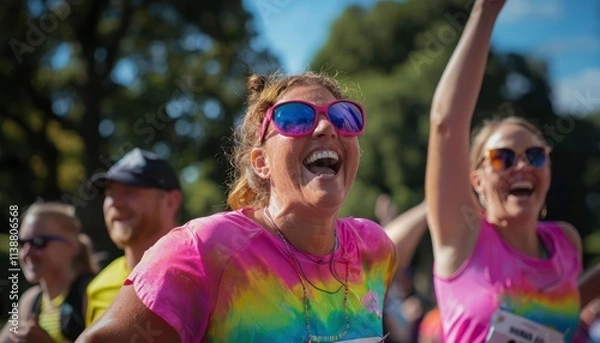 Fototapeta Participants in a fun run, smiling and excited to start the race at Leazes Park in Newcastle. The diverse group is ready for an inclusive, enjoyable event that welcomes all ages and abilities.