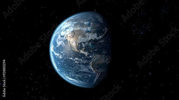 Fototapeta Stunning view of Earth from space highlighting beautiful blue oceans, green landmasses, and swirling white clouds against a backdrop of deep black universe.