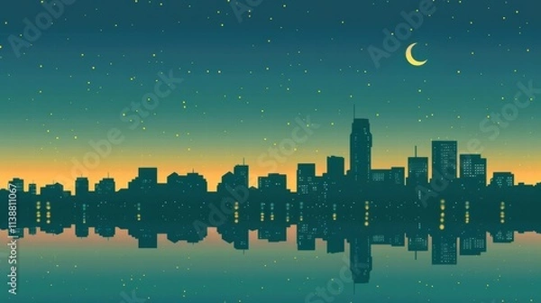 Fototapeta City skyline reflected in calm water at night under a crescent moon and starry sky.