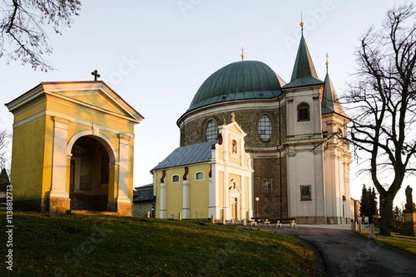 Fototapeta View of the basilica from the driveway at sunset. Hostyn. Czech Republic.