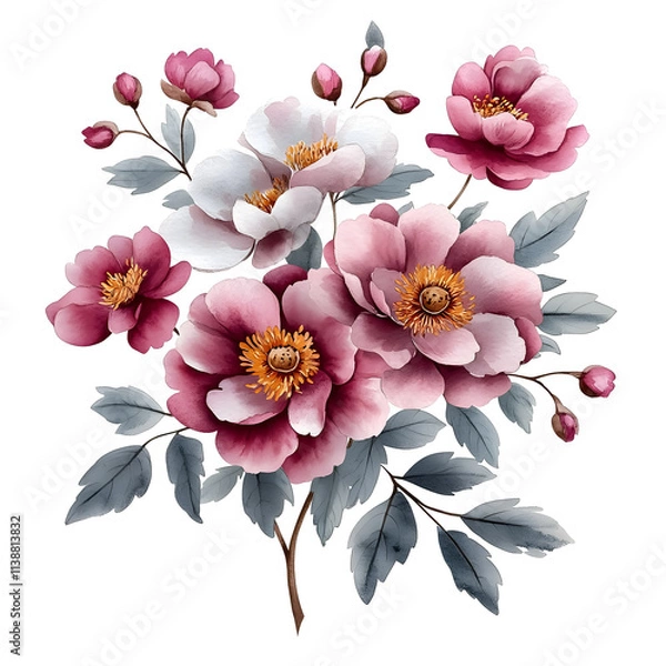 Fototapeta Nature, flowers, clipart watercolor painting of flower, symmetrical pattern, botanical print on white background, vintage style.QW-0447