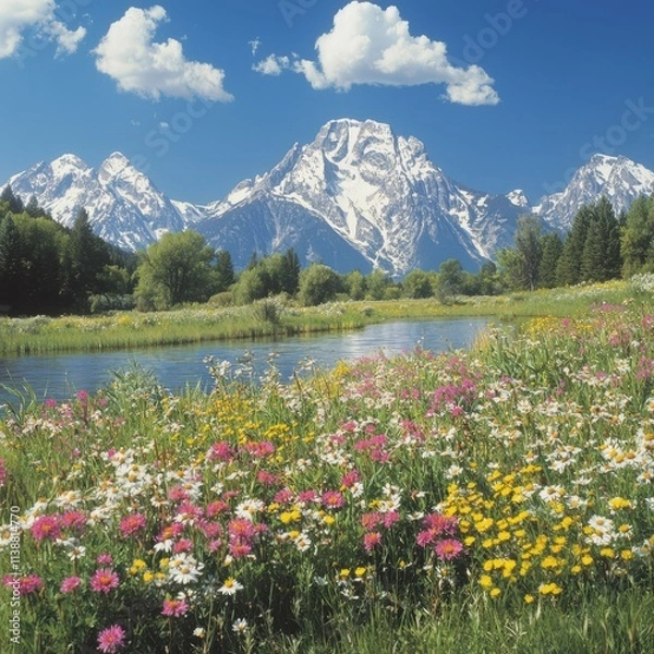 Fototapeta Scenic mountain landscape with vibrant wildflowers and serene water.