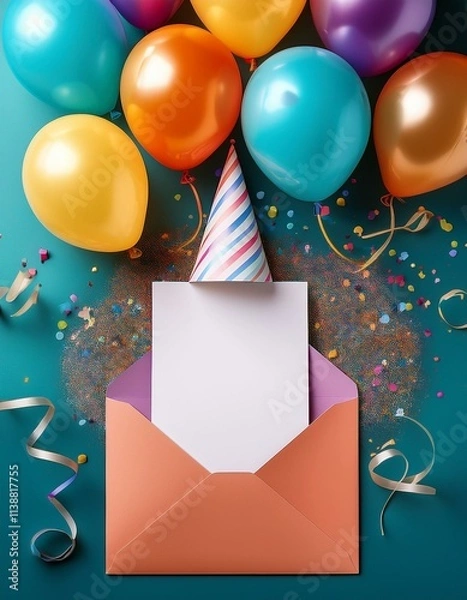Fototapeta Colorful balloons & confetti surround a blank card in a festive envelope. Perfect for birthday wishes!