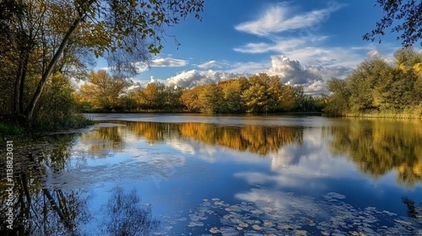 Fototapeta Autumn Pond Reflection, Calm Nature Scene