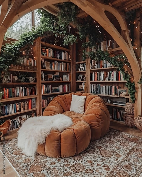 Fototapeta Cozy reading nook with plush velvet armchair, bookshelves overflowing with books, and lush greenery. Perfect for relaxation and reading.