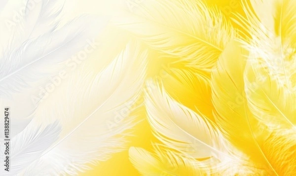 Fototapeta Feathers on yellow background, soft textures, white and yellow hues, delicate patterns, light and airy feel