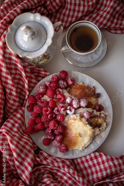 Obraz Golden-brown cottage cheese pancakes served with fresh raspberries, lightly dusted with powdered sugar. The plate is accompanied by a vintage teapot, a cup of tea, and a red gingham cloth, creating a 
