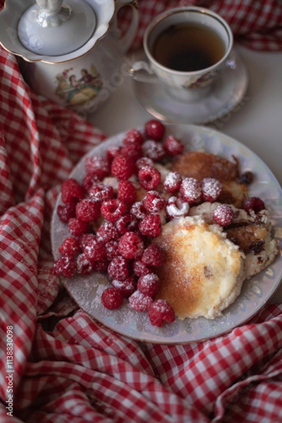 Obraz Golden-brown cottage cheese pancakes served with fresh raspberries, lightly dusted with powdered sugar. The plate is accompanied by a vintage teapot, a cup of tea, and a red gingham cloth, creating a 
