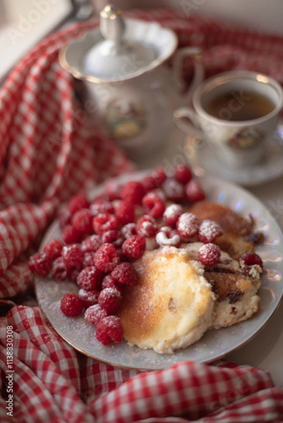 Obraz Golden-brown cottage cheese pancakes served with fresh raspberries, lightly dusted with powdered sugar. The plate is accompanied by a vintage teapot, a cup of tea, and a red gingham cloth, creating a 