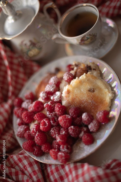 Obraz Golden-brown cottage cheese pancakes served with fresh raspberries, lightly dusted with powdered sugar. The plate is accompanied by a vintage teapot, a cup of tea, and a red gingham cloth, creating a 