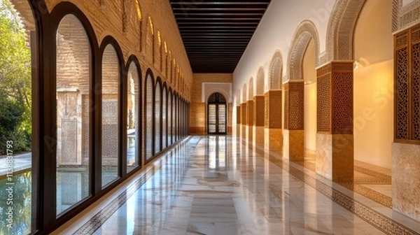 Fototapeta A stunning heritage corridor with archways, ornate patterns, and sunlit paths leading to a historic intersection of art and architecture.