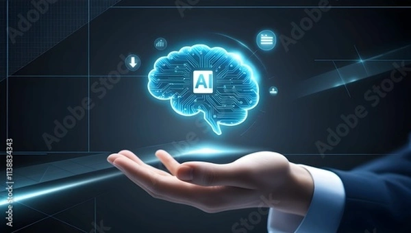 Obraz Futuristic Abstract AI Brain Icon Floating Above a Hand with Success Concept, Featuring Glowing Digital Circuit Design and High-Tech Atmosphere, Perfect for Technology and Innovation-Themed Projects