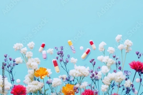 Fototapeta Brightly colored capsules float amidst a field of vibrant wildflowers on a blue background, creating a sense of whimsy and balance between nature and medication.