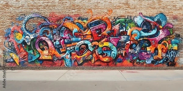 Fototapeta Graffiti painted wall with colorful random letters and number crowd design, street stylish artwork
