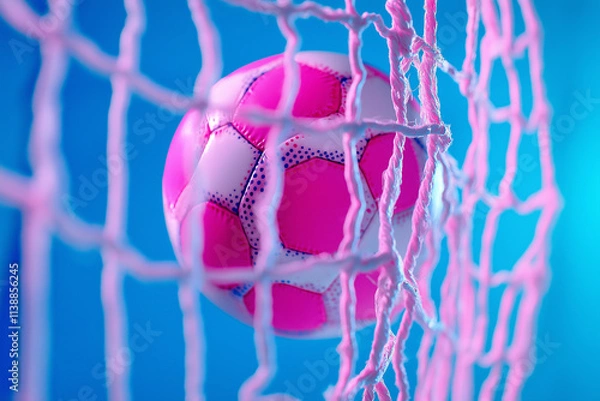Obraz Close-up of a pink soccer ball hitting the net after scoring a goal, celebrating victory under clear blue sky. Dynamic sporting moment.
