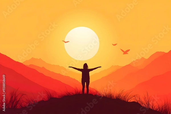 Fototapeta A figure stands in silhouette, arms wide open to the vibrant sunset, surrounded by mountain peaks