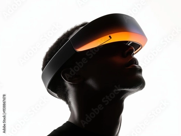 Fototapeta Futuristic virtual reality headset on contemplative individual against minimalist white background