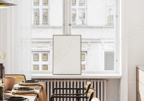 Fototapeta Frame mockup in simple cozy Scandinavian kitchen, 3d render